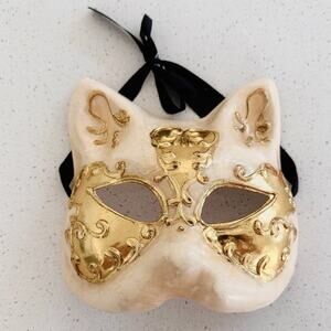 Venetian Cat Masquerade Mask Gold Relief Papier Mache Mardi Gras